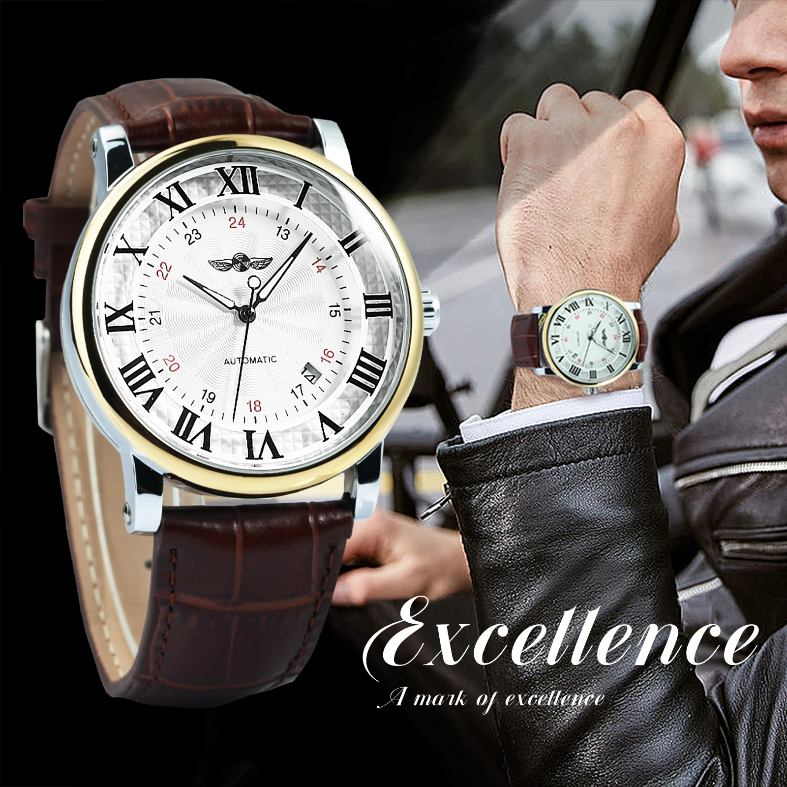 WINNER Herren Automatikuhr – Mechanische Armbanduhr mit Datumsanzeige, Minimalistisches Design, Braun Lederarmband