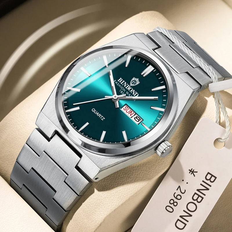 🕒 BINBOND Herren-Armbanduhr – Edelstahl | Türkisgrünes Zifferblatt | Elegant & Modern