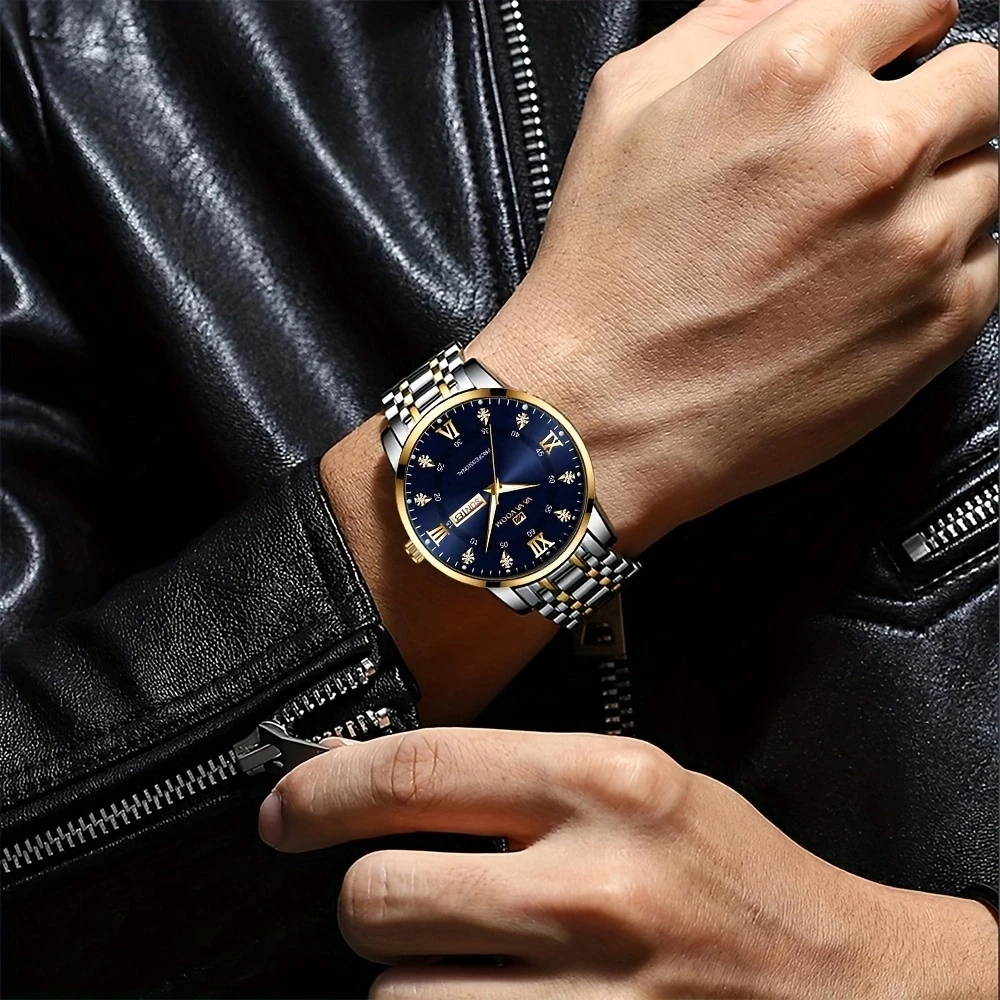 Luxuriöse Herrenarmbanduhr – Edelstahl | Gold & Silber | Leuchtzeiger | Datum & Wochentag | Wasserdicht | Business & Freizeit
