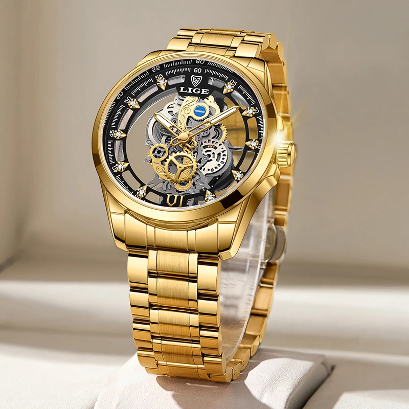 LIGE Herren Automatikuhr 2025 – Goldene Skelett-Uhr im Vintage-Look, Luxusmarke mit Sichtbarem Uhrwerk