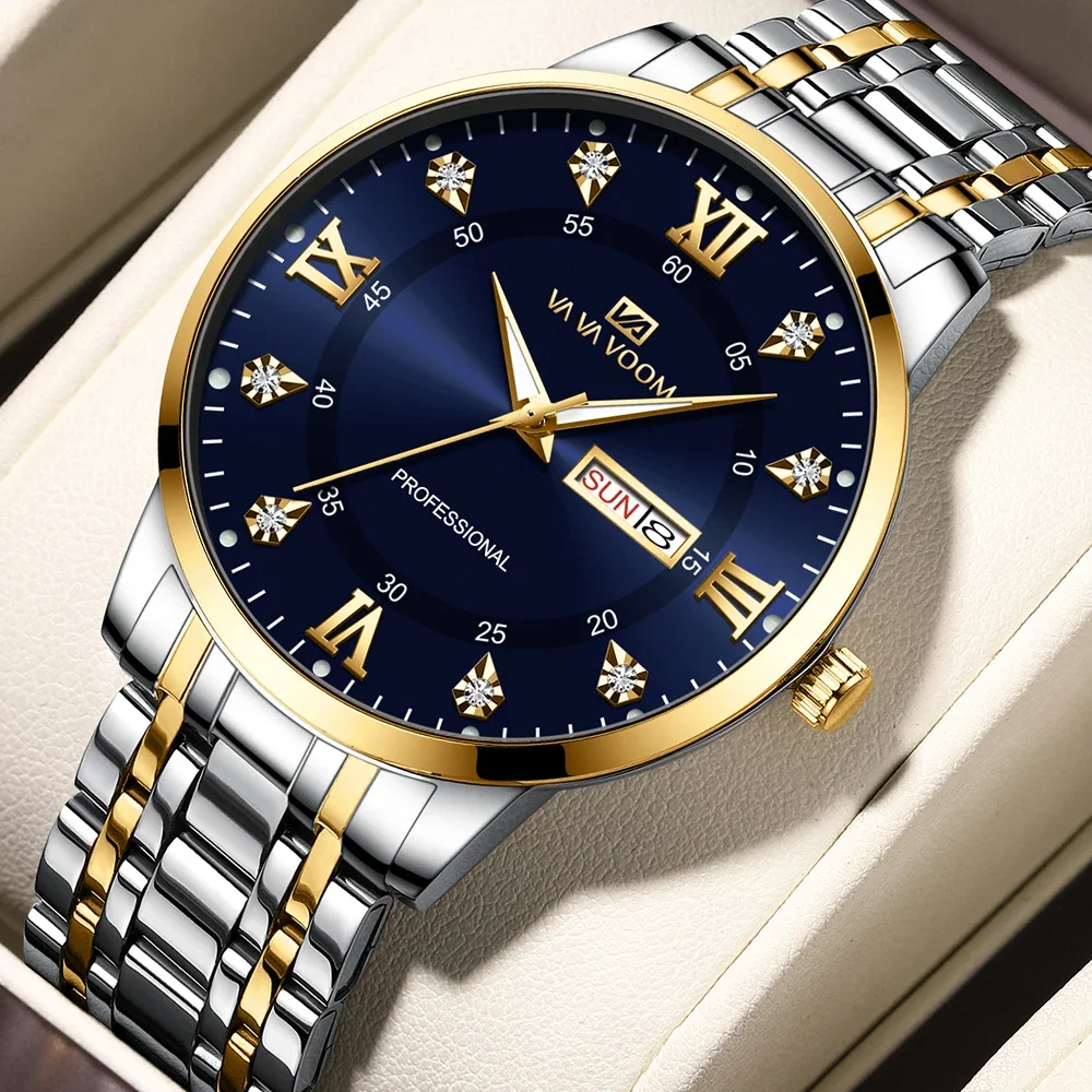 Luxuriöse Herrenarmbanduhr – Edelstahl | Gold & Silber | Leuchtzeiger | Datum & Wochentag | Wasserdicht | Business & Freizeit