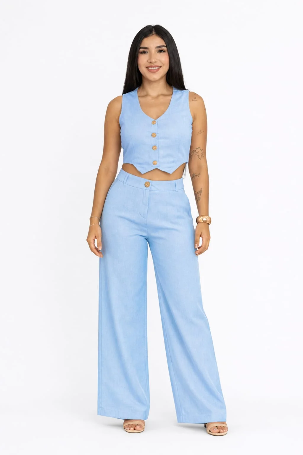 🌸 Ensemble Crop Top Veste & Pantalon Palazzo – ELARIS Luxury