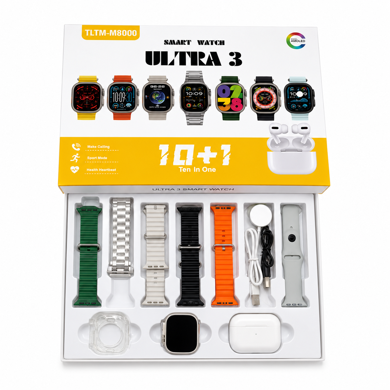 بكج ساعة ذكية Smart Watch Ultra 3 المتكامل (10 في 1) مع 7 أحزمة وسماعات لاسلكية