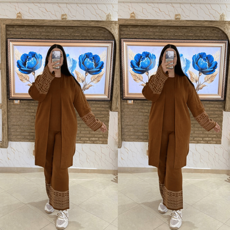 انصومبل طقم 3 بياس بحلة جديدة مختلفة كاب طويل +سروال عريض ناعم+جيلي صوفي   تصميم تركي متميز جودة عالية مضمونة %100 مريح و غير مسبب للحساسية