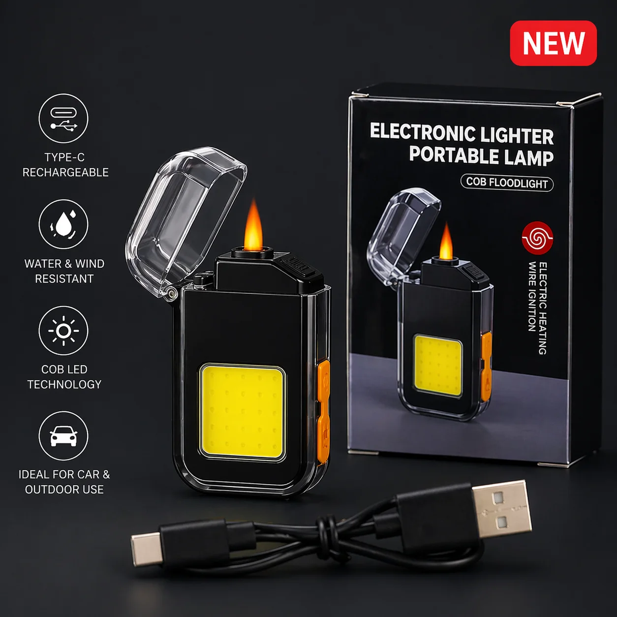 ولاعة إلكترونية + كشاف COB LED – قابلة للشحن Type-C ومقاومة للريح