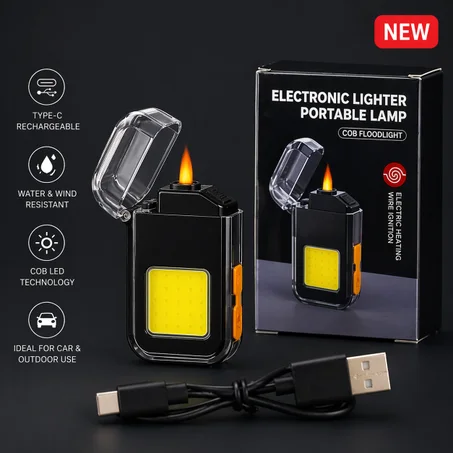 ولاعة إلكترونية + كشاف COB LED – قابلة للشحن Type-C ومقاومة للريح