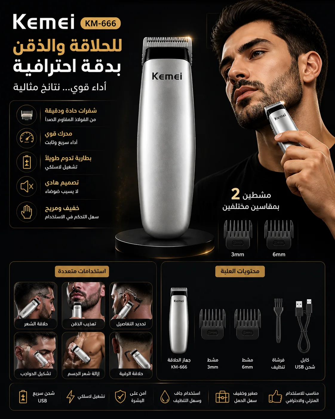 ماكينة حلاقة Kemei لاسلكية – لتحديد اللحية والشعر بدقة عالية