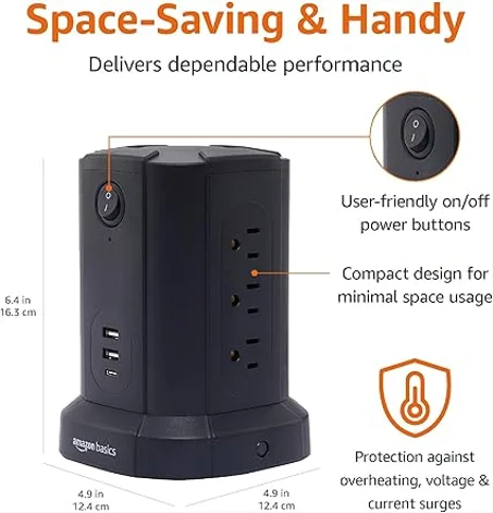 مشترك طاقة مستطيل للحماية من اندفاع التيار 1080J، 9 منافذ، USB-C، 2 منفذ USB-A 15 امبير، سلك 6 قدم، اسود