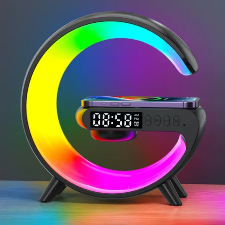 Lampe LED RGB Intelligente en Forme de G – Recharge Sans Fil 15W & Réveil Multifonction