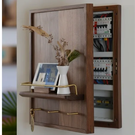 Couvercle disjoncteur /tableau électrique en bois de noyer avec étagère et crochet pour clés