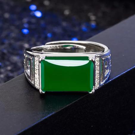 خاتم التاج باليشم الأخضر للرجال - فضة مقاس قابل للتعديل