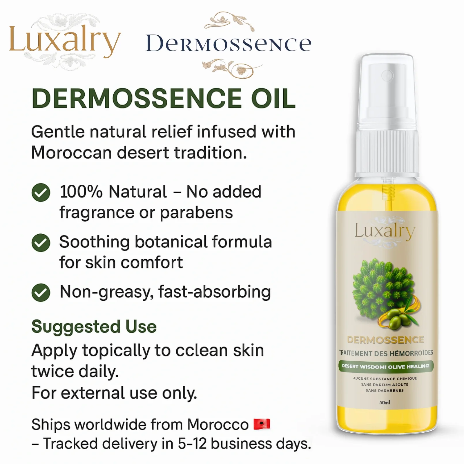 زيت  ديرموسينس 50 مل الطبيعي للبواسير الخارجية – بخلاصة الدغموس وزيت الزيتون – مهدئ للحكة، مطهر، مرطب ومناسب للبشرة الحساسة – يقلل  ويزيل الانتفاخ والالتهاب – منتج مغربي فاخر من ثقافتنا – سري