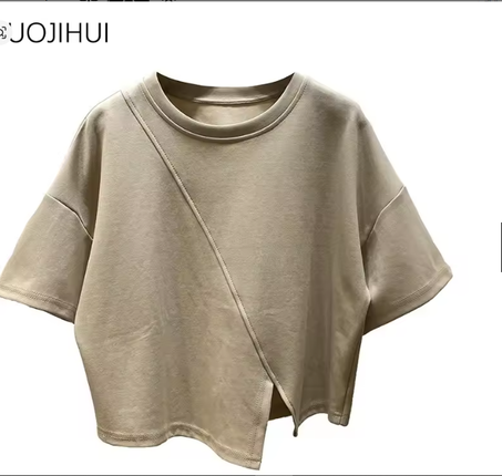 DUOJIHUI-تيشيرتات نسائية كلاسيكية أنيقة غير منتظمة ، مقسمة ، كورية ، أساسية ، برقبة دائرية ، أحادية اللون ، خضراء ، بسيطة ، أزياء نسائية ، صيف