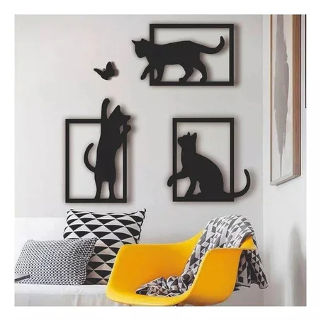 لوحة جدارية فنية من الخشب لي 3 قطط