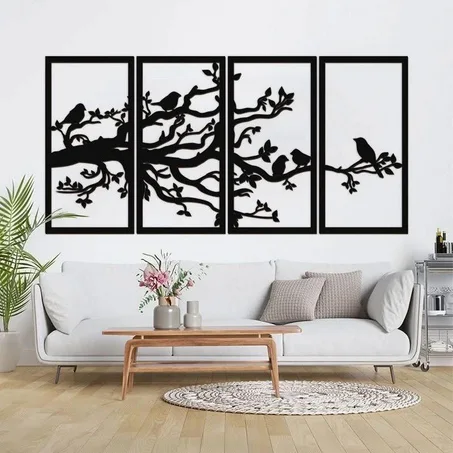 لوحة جدارية فنية من الخشب لشجرة مع 4 طيور