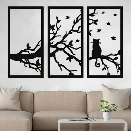 لوحة جدارية فنية من الخشب لشجرة مع قطة