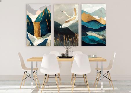 tabelau en toile 3 morceau oiseaux vert