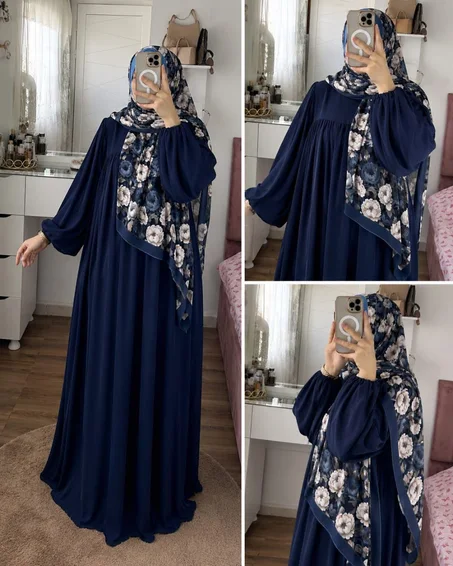 عباية شيفون وردية مع فولار floral — أناقة راقية وستر كامل