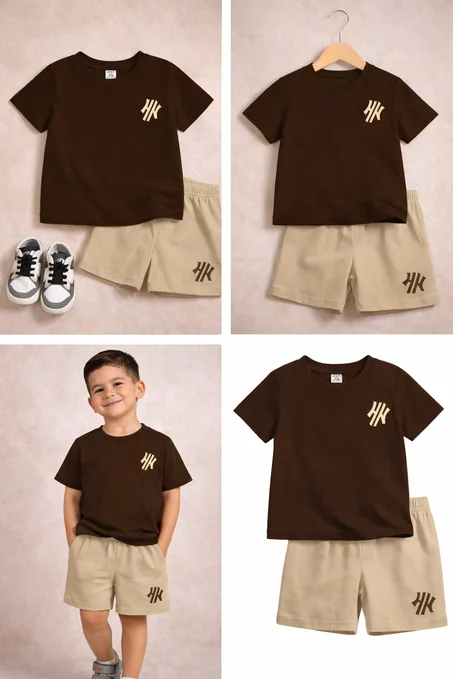 Ensemble garçon été – T-shirt marron & short beige