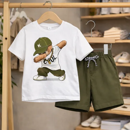 Ensemble garçon été – T-shirt imprimé & short kaki
