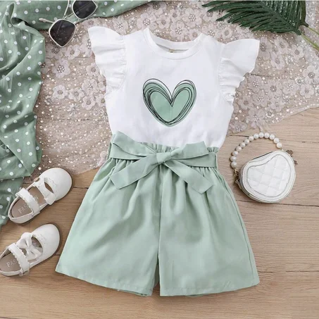 Ensemble fille été – T-shirt cœur & short vert 💚
