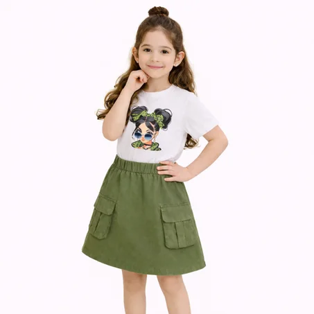 T-shirt à col rond à manches courtes avec graphique doux et simple, assorti à une jupe cargo