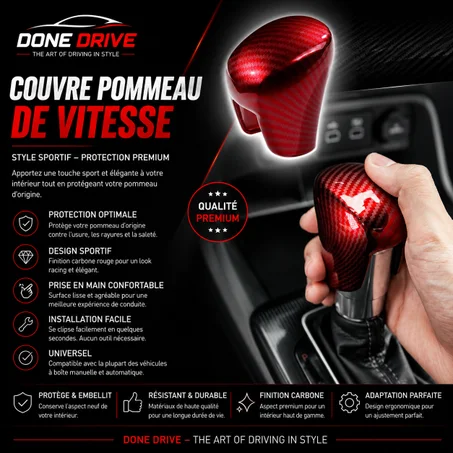 🚗 Couvre Pommeau de Levier de Vitesse Carbone Rouge