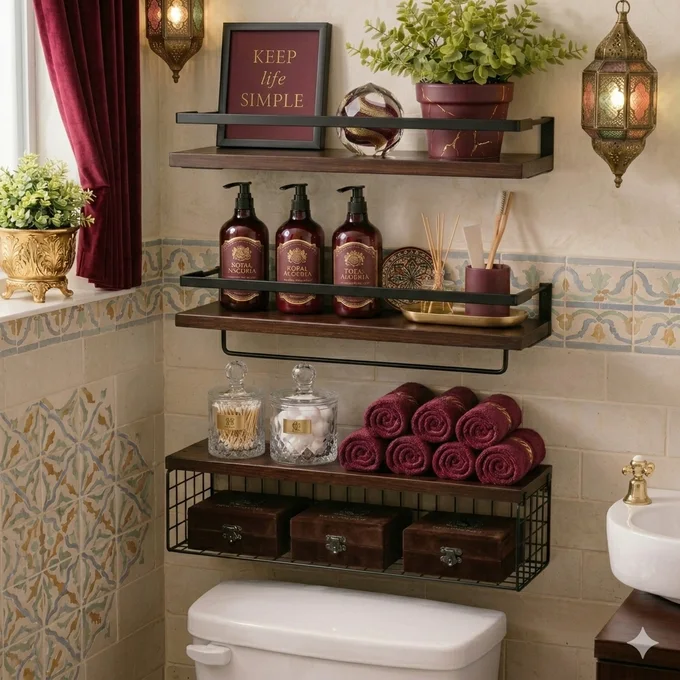 مجموعة من 3 أرفف جدارية عائمة من الخشب والمعدن