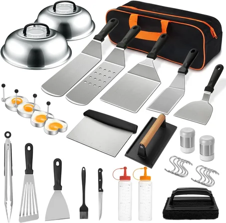 Kit de 35 accesorios para plancha, juego de accesorios para parrilla plana Blackstone y Camp Chef, juego de espátulas para parrilla con espátulas agrandadas, funda para untar y raspador para 