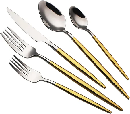 Juego de cubiertos de lujo de 20 piezas para 4 personas, con mango dorado y pulido a espejo, de acero inoxidable 18/10, juego de cubiertos modernos, cuchillo, tenedor y cuchara, con regalos p