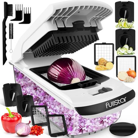 Picadora de verduras y espiralizadora Fullstar: picadora de alimentos con recipiente, rebanadora de frutas, accesorios y utensilios de cocina, artículos esenciales para el hogar (4 en 1, blan