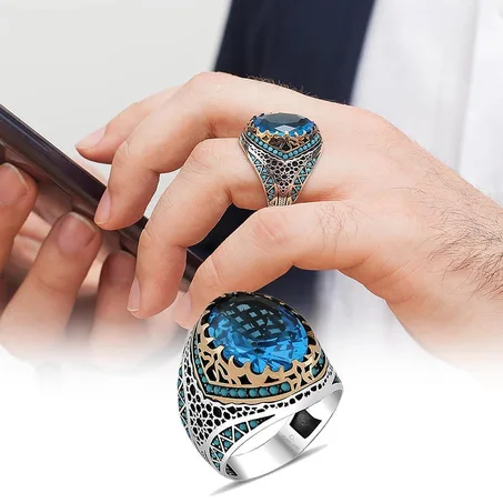 خاتم رجالي فضة حقيقية حجر زيركون لون ازرق مائي عيار 925