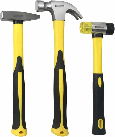 Benchmark - Juego de martillo de 3 piezas; martillo de garra de 16 onzas, martillo de tachuela; mazo de goma (doble cara); agarres de goma absorbentes de golpes, asas de fibra de vidrio durad