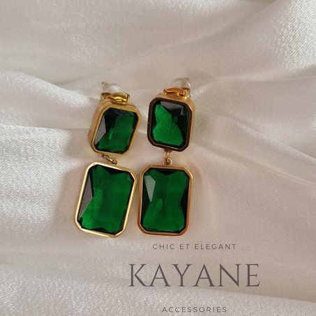 Boucles d'oreilles en acier inoxydable  pendentif Perles de Verre - Vert