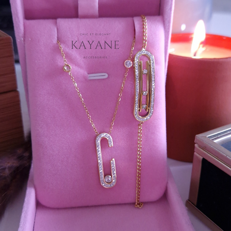 Ensemble rectangle arrondi strass en acier inoxydable collier + gourmette