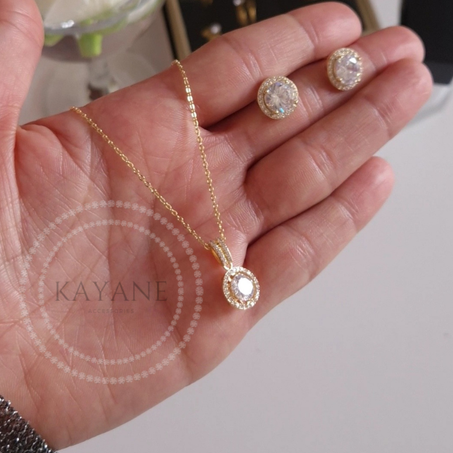 Ensemble Pendentif Rond  Brillants Blanc en acier inoxydable Collier + Boucles d'oreilles