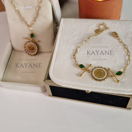 Ensemble de bijoux coq émeraude en acier inoxydable Collier + Gourmette