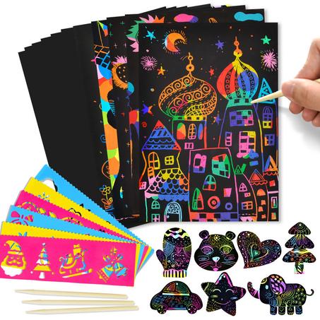 Kit d'Art à Gratter Arc-en-ciel pour Enfants, Ensemble de 50 papier coloré, 3 stylos en bois, 14 pochoirs à dessin