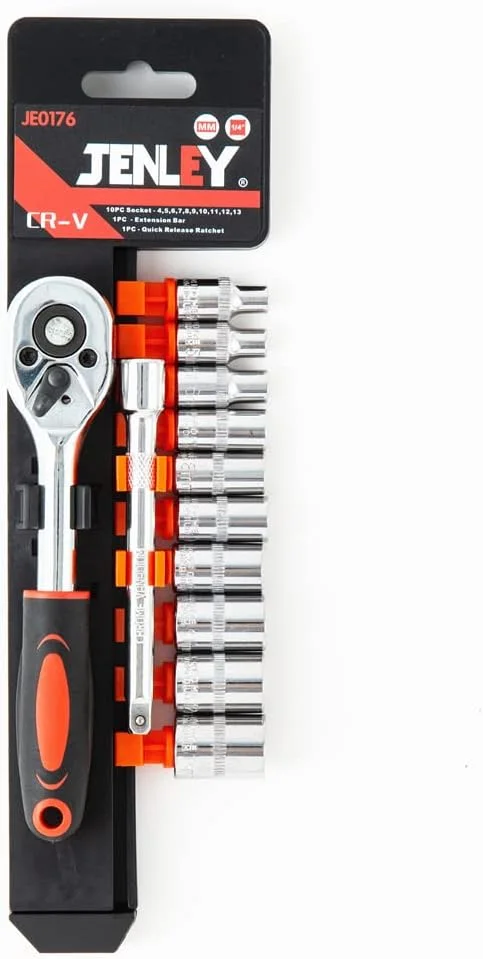 مقبض سقاطة (Ratchet) مقاس 1/4 بوصة ومجموعة رؤوس مفاتيح ربط (Sockets)