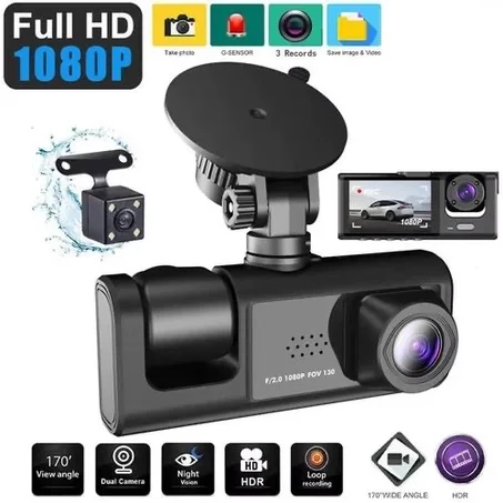 Caméra de Voiture 3-en-1 HD - Full Dashcam Intérieure & Arrière avec Carte SD 64GB