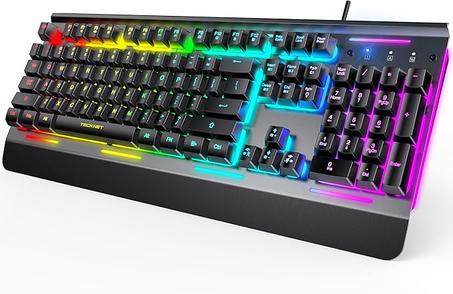 TECKNET Teclado para juegos, teclado de computadora con cable USB, iluminación RGB de 15 zonas, resistencia al agua IP32, 25 teclas anti-fantasma, panel de metal (interruptor silencioso para