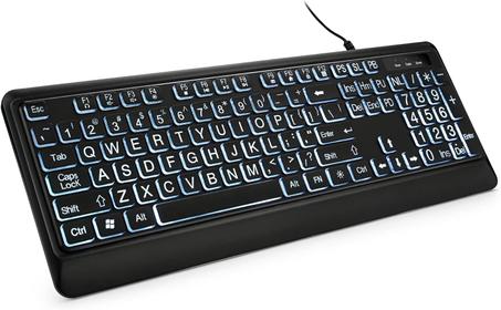 Teclado retroiluminado de impresión grande, teclado de computadora con cable USB, teclado de tamaño completo con LED iluminado blanco, compatible con Windows de escritorio, laptop, PC