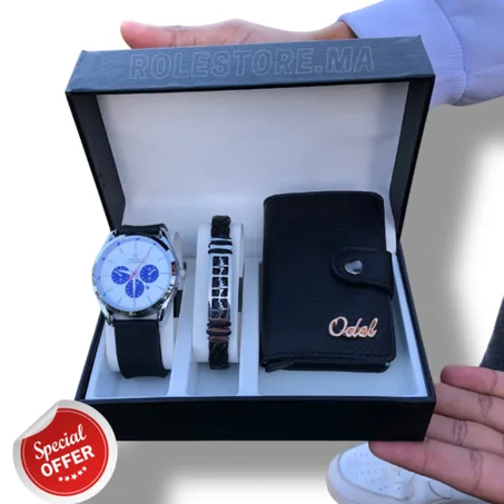 PACK A1 MONTRE ROLEX + PORTEFEUILLE CUIR + BRACELET ARGENT EN ACIER INOXYDABLE