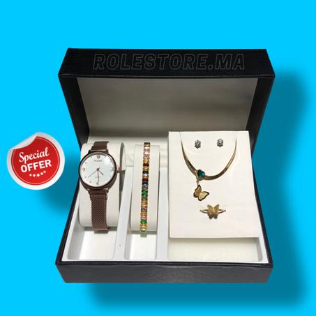 Pack 5 Pcs Montre Rolex + Ensemble Gourmette et  Chaine Papillon et Bague Boucles d'oreilles à en acier inoxydable