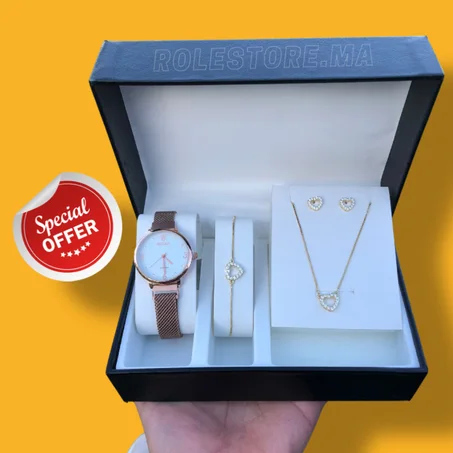 Pack 4 Pcs  Montre Rolex + Ensemble Gourmette et  Chaine et Boucles d'oreilles à en acier inoxydable