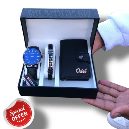 PACK B3 MONTRE FORRAD + PORTEFEUILLE CUIR + BRACELET ARGENT EN ACIER INOXYDABLE