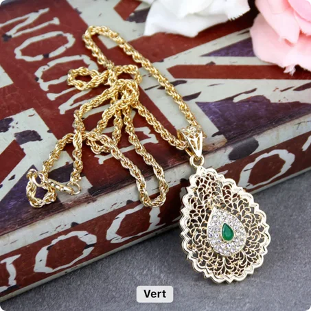 Collier long pendentif Vert pour femme style marocain + boite cadeu