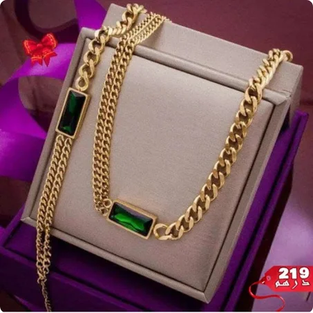 Ensemble collier et gourmette vert en acier inoxydable + boite cadeu