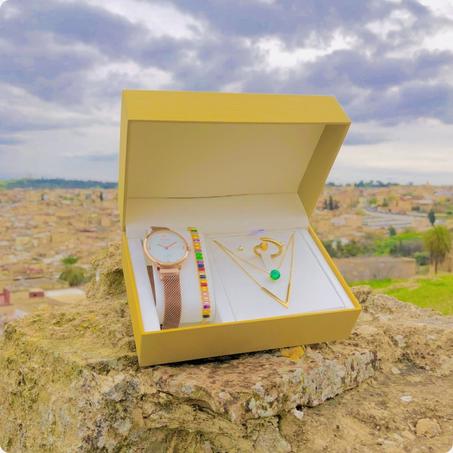 Pack 6 pièces Montre Rolex + Ensemble Gourmette et 2 Chaine V et Bague Boucles d'oreilles à en acier inoxydable