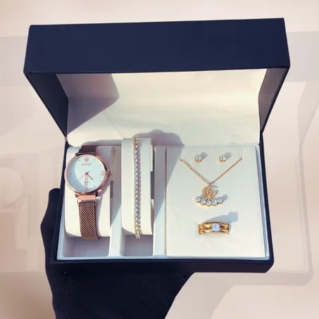 A3Pack 5 Pcs Montre Rolex + Ensemble Gourmette et  Chaine Papillon et Bague Boucles d'oreilles à en acier inoxydable